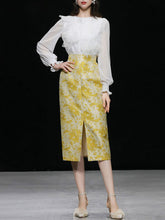 Load image into Gallery viewer, 2PS White Lace Long Sleeve Top And Yellow Floral Print Skirt Dress Suit