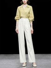 Load image into Gallery viewer, Yellow V Neck Shirt And White High Waisted Wide Leg Trousers Suit