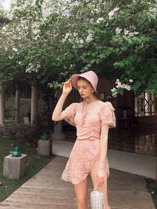 Pink Lace Split Fairy Vintage One Piece Swimwear