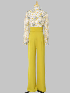 2PS Yellow Ruffles Collar Floral Print Shirt And Pant Suit