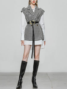 2PS Houndstooth Pattern Vest And White Low High Shirt Coat Suit