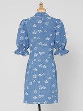 Load image into Gallery viewer, Retro Cheongsam Stand Collar Hollow Puff Sleeves Denim Printed Mini Dress