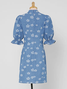 Retro Cheongsam Stand Collar Hollow Puff Sleeves Denim Printed Mini Dress