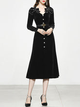 Load image into Gallery viewer, Black Bowknot V Neck Velvet Heart Button 1950S Vintage Dress