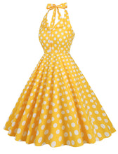 Load image into Gallery viewer, Green And White Polka Dots Pockets Vintage Halter 1950S Dress With Button
