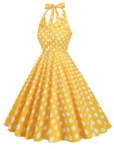 Green And White Polka Dots Pockets Vintage Halter 1950S Dress With Button