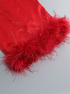 Purple Spaghetti Strap Satin Feather Hem Bodycon Dress Sexy Gown Party Dress