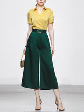 Load image into Gallery viewer, 2PS Yellow Elegant V-neck Short Sleeve Shirt With High-waisted Wide Pants Suit