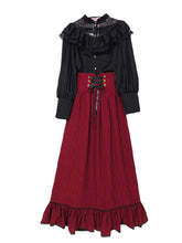 Load image into Gallery viewer, Black Lace Petal Blouse With Crimson Ruffled Skirt Set Edwardain Vinatge Dress Set