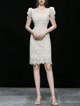 Load image into Gallery viewer, White Square Collar Puff Sleeve 1950S Lace Dress