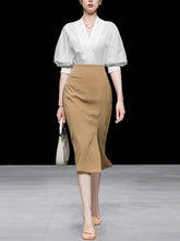 Load image into Gallery viewer, 2PS V Neck White Shirt And Khaki Split Sexy Bodycon Skirt Suit
