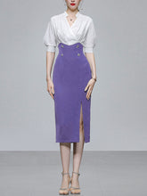 Load image into Gallery viewer, White And Navy Lantern Sleeve Slit Dress Vintage 1940S Dress