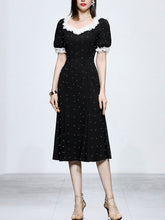 Load image into Gallery viewer, White Lace Square Neck Puff Sleeve Vintage Pearl Hepburn Style Midi Black Dress