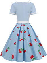 Load image into Gallery viewer, Blue V Neck Cherry Swing 1950S Vintage Dress