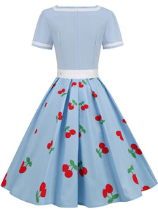 Blue V Neck Cherry Swing 1950S Vintage Dress