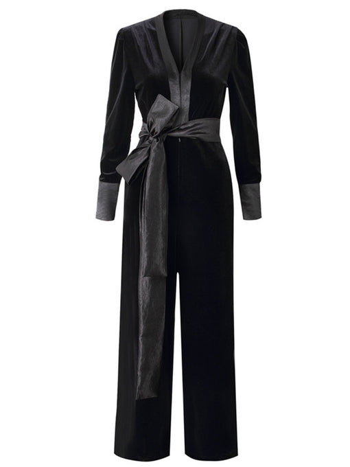 Deep V Neck Black Velvet Women‘s Jumpsuit Vintage Rompers