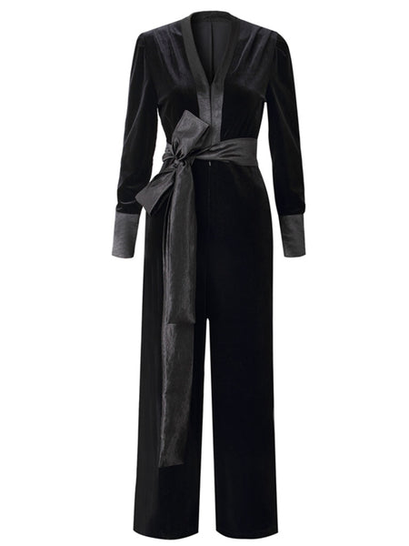Deep V Neck Black Velvet Women's Jumpsuit Vintage Rompers – Jolly