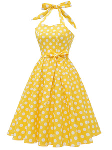 Blue And White Polka Dots Vintage Halter 1950S Dress With Belt