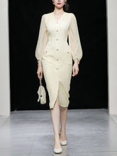 Load image into Gallery viewer, Light Pink Solid Color Puff Long Sleeve V-Neck Pearl 1940S Dress