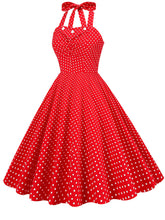 Load image into Gallery viewer, Red And White Polka Dots Vintage Halter 1950S Dress With Button