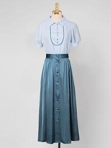 Light Blue Turn Collar Shirt And Lake Blue Skirt Set