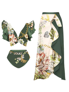 Green Retro Butterfly Print Bikini With Bathing Suit Wrap Skirt