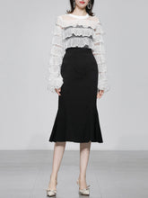 Load image into Gallery viewer, 2PS Crew Neck Long Sleeve White Lace Lotus Leaf Top And Black Fishtail Skirt Suit