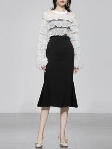 2PS Crew Neck Long Sleeve White Lace Lotus Leaf Top And Black Fishtail Skirt Suit