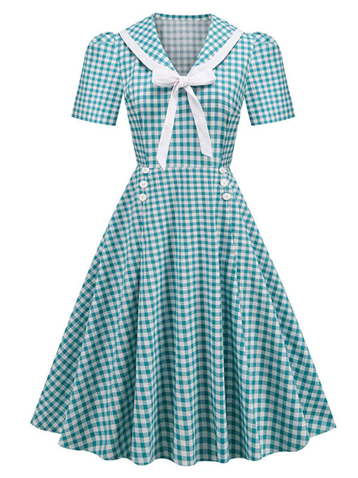 Bow Plaid Salior Collar 1950S Vintage Dress