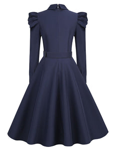 Navy Turn Down Collar Puff Long Sleeve 1950S Vintage Swing Dress
