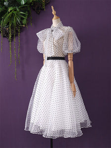 White Polka Dots  Puff Sleeve 50S Dress