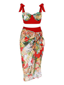 Red Retro Poster Print Bikini With Bathing Suit Wrap Skirt