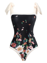 Load image into Gallery viewer, Black Floral Print Flower Strap One Piece With Bathing Suit Wrap Skirt