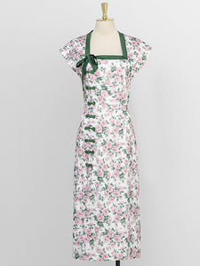 Green Rose Square Collar Split Cheongsam Dress