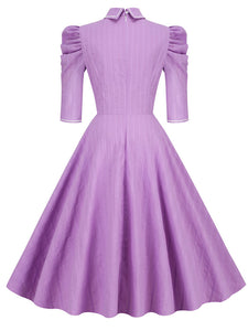 Solid Color Purple Peter Pan Collar 1950S Dress With Pockets