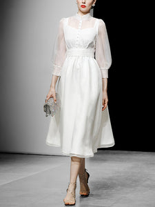 White Puff 3/4 Sleeve Edwardian Revival Fariy Organza Dress