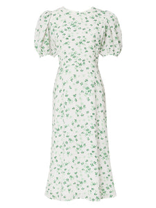 Green Grass Print Puff Sleeve 1950s Vintage Party Dress