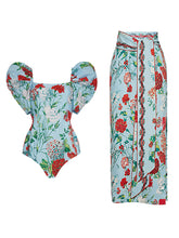 Load image into Gallery viewer, Green Retro Floral Print Puff Sleeve One Piece With Wrap Skirt Swimsuit