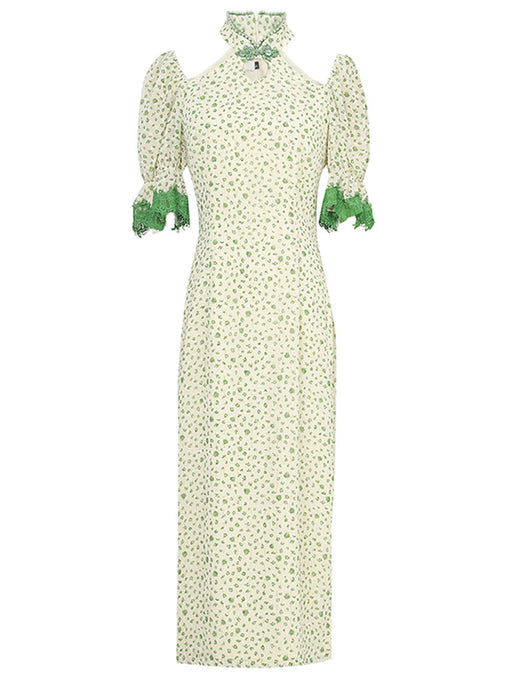 Women's Hollow Sexy Fresh Floral Vintage Style Slit Cheongsam Dress