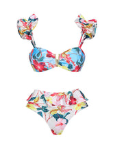 Load image into Gallery viewer, Blue Flower Print Ruffles Strappy Bikini With Bathing Suit Swing Skirt