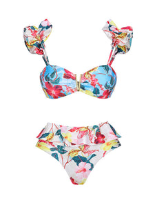 Blue Flower Print Ruffles Strappy Bikini With Bathing Suit Swing Skirt