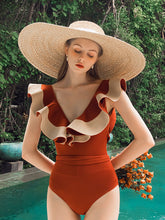 Load image into Gallery viewer, Sailor Style Deep V Neck Ruffles Vintage One Piece Swimwear