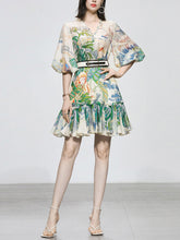 Load image into Gallery viewer, Green Retro Lantern Sleeves Printed Mini Dress
