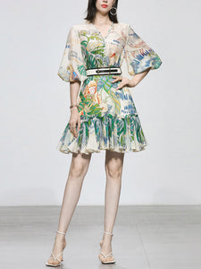Green Retro Lantern Sleeves Printed Mini Dress