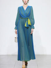 Load image into Gallery viewer, Blue V Neck Lantern Sleeve Pleated Fairy Dress