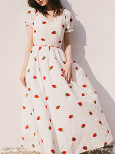 Strawberry  Embroidered Puff Sleeve Vintage Cotton Dress