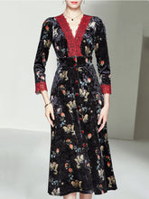 Load image into Gallery viewer, Lace V Neck Floral Velvet Dress Vintage Dress
