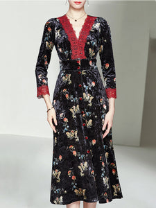 Lace V Neck Floral Velvet Dress Vintage Dress