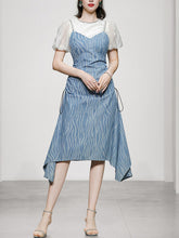 Load image into Gallery viewer, 2PS White 1950S Vintage Classic Top And Spaghetti Strap Denim Swing Dress Suit