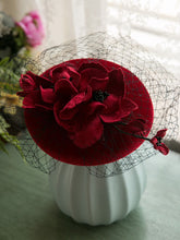 Load image into Gallery viewer, Wine Red Flower Tulle Vintage Velvet 1950S Hat